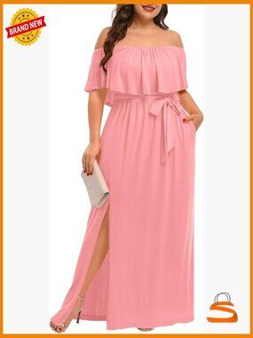 Plus Size Off Shoulder Maxi Dress with Pockets and Slit